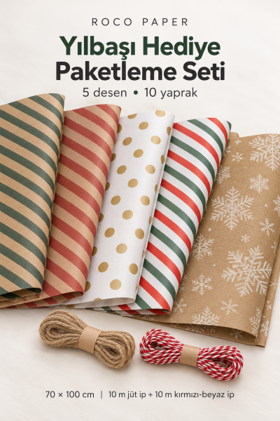 Yeniyıl Hediye Paketleme Seti 10 Kağıt 70*100 cm & 20 mt ip