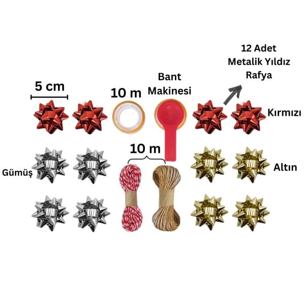 Hediye Paketleme Seti, 12 Adet Metalik Rafya- Twine Baker & Jüt İp - 20M, 1 Adet Bant ve Makinesi