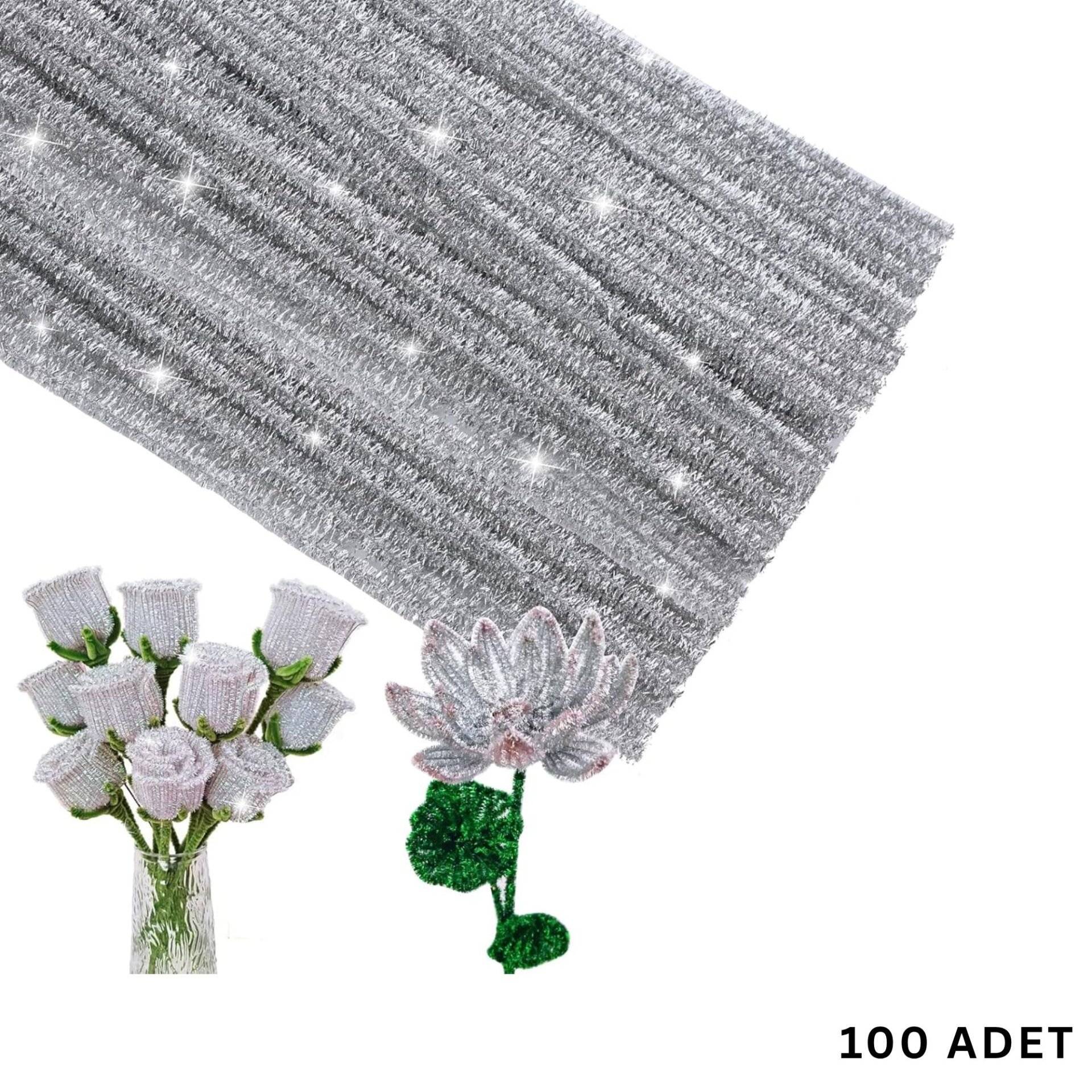 Şönil Tel, El İşi, DIY, Hobi ve Çiçek Yapım Teli, Simli Gümüş, 100 Adet, 6 mm - 30 Cm