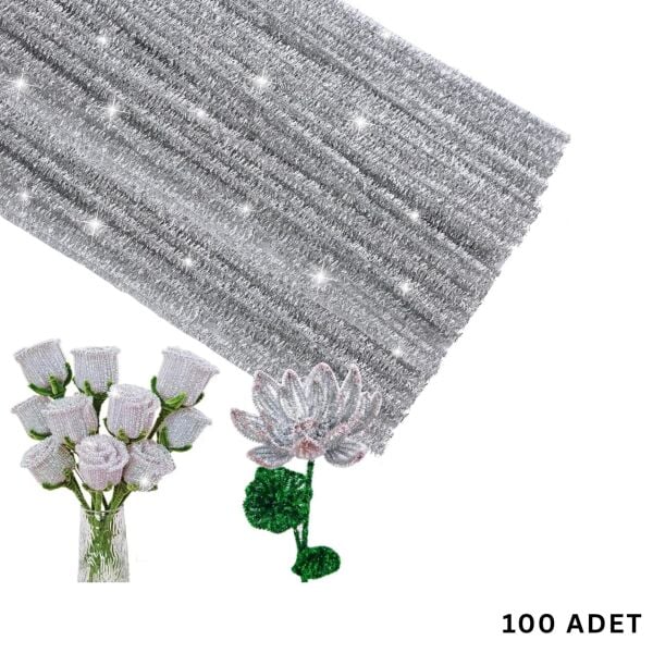 Şönil Tel, El İşi, DIY, Hobi ve Çiçek Yapım Teli, Simli Gümüş, 100 Adet, 6 mm - 30 Cm