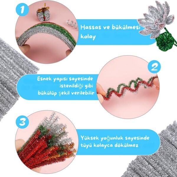 Şönil Tel, El İşi, DIY, Hobi ve Çiçek Yapım Teli, Simli Gümüş, 100 Adet, 6 mm - 30 Cm