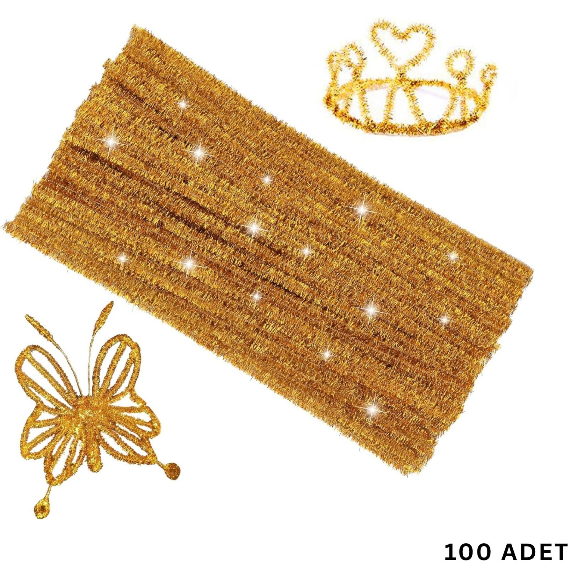 Şönil Tel, El İşi, DIY, Hobi ve Çiçek Yapım Teli, Simli Altın, 100 Adet, 6 mm - 30 Cm