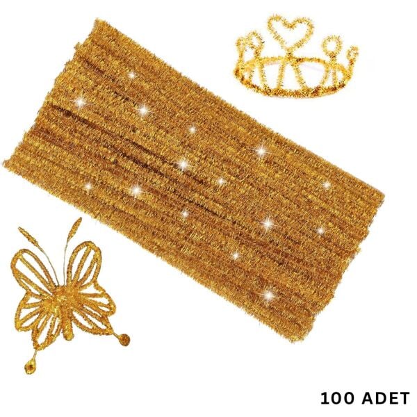 Şönil Tel, El İşi, DIY, Hobi ve Çiçek Yapım Teli, Simli Altın, 100 Adet, 6 mm - 30 Cm