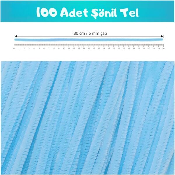 Şönil Tel, El İşi, DIY, Hobi ve Çiçek Yapım Teli, Pastel Mavi, 100 Adet, 6 mm - 30 Cm