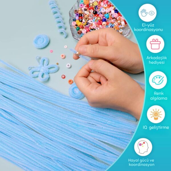 Şönil Tel, El İşi, DIY, Hobi ve Çiçek Yapım Teli, Pastel Mavi, 100 Adet, 6 mm - 30 Cm