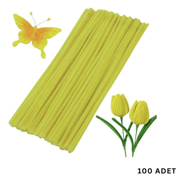 Şönil Tel, El İşi, DIY, Hobi ve Çiçek Yapım Teli, Pastel Sarı, 100 Adet, 6 mm - 30 Cm