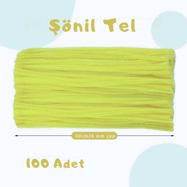 Şönil Tel, El İşi, DIY, Hobi ve Çiçek Yapım Teli, Pastel Sarı, 100 Adet, 6 mm - 30 Cm