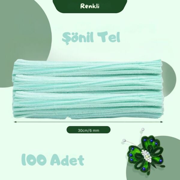 Şönil Tel, El İşi, DIY, Hobi ve Çiçek Yapım Teli, Nil Yeşili, 100 Adet, 6 mm - 30 Cm