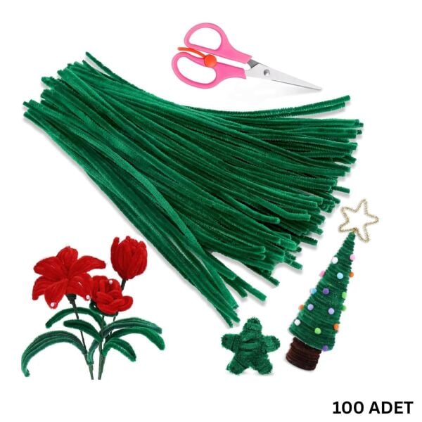 Şönil Tel, El İşi, DIY, Hobi ve Çiçek Yapım Teli, Koyu Yeşil, 100 Adet, 6 mm - 30 Cm