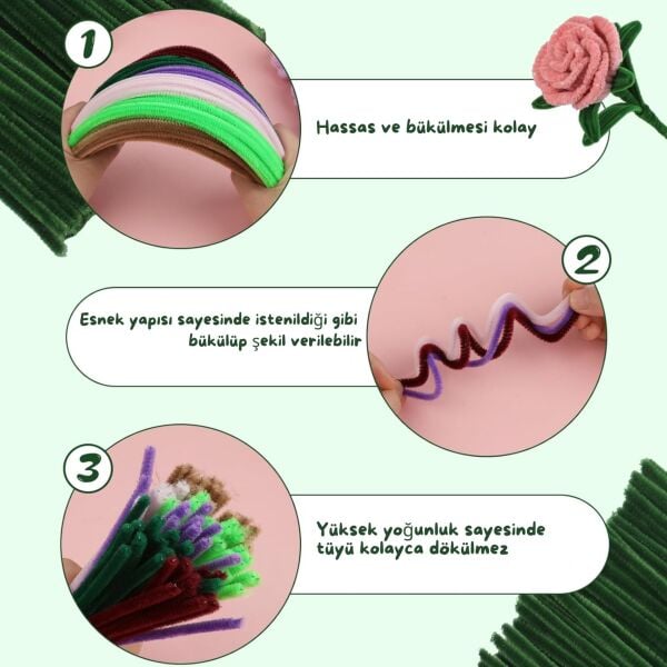 Şönil Tel, El İşi, DIY, Hobi ve Çiçek Yapım Teli, Koyu Yeşil, 100 Adet, 6 mm - 30 Cm