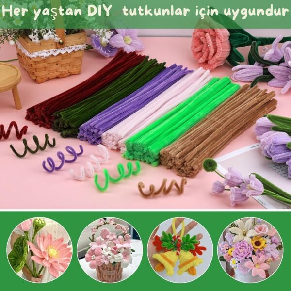 Şönil Tel, El İşi, DIY, Hobi ve Çiçek Yapım Teli, Koyu Yeşil, 100 Adet, 6 mm - 30 Cm
