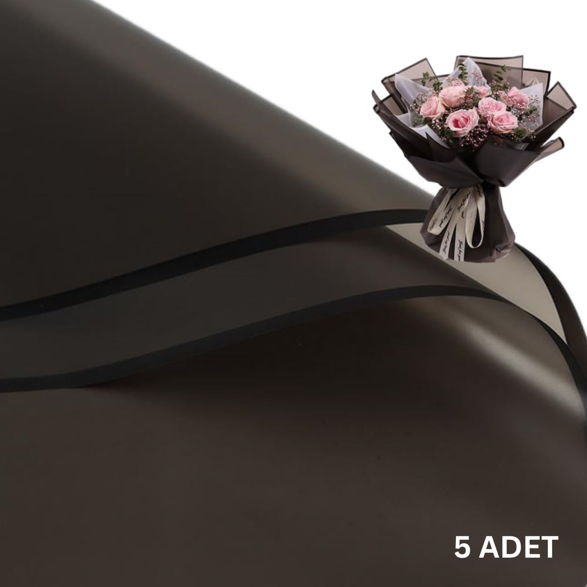 Siyah Kenarlı Siyah Çiçek Ambalaj Kağıdı 5li, Su Geçirmez Mat Şeffaf Buket Sargı Kağıdı, 58x58 Cm