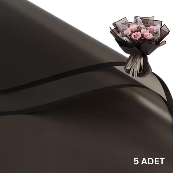 Siyah Kenarlı Siyah Çiçek Ambalaj Kağıdı 5li, Su Geçirmez Mat Şeffaf Buket Sargı Kağıdı, 58x58 Cm
