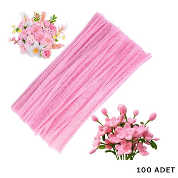 Şönil Tel, El İşi, DIY, Hobi ve Çiçek Yapım Teli, Pembe, 100 Adet, 6 mm - 30 Cm