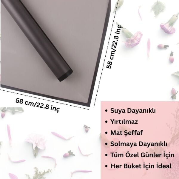 Siyah Kenarlı Siyah Çiçek Ambalaj Kağıdı 20'li, Su Geçirmez Mat Şeffaf Buket Sargı Kağıdı, 58x58 Cm