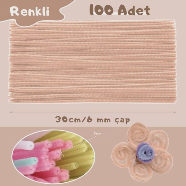 Şönil Tel, El İşi, DIY, Hobi ve Çiçek Yapım Teli, Kemik Rengi, 100 Adet, 6 mm - 30 Cm