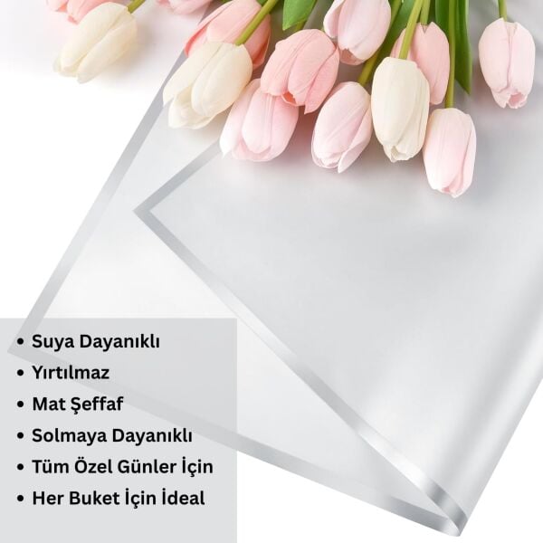 Gümüş Kenarlı Gümüş Çiçek Ambalaj Kağıdı 20'li, Su Geçirmez Mat Şeffaf Buket Sargı Kağıdı, 58x58 Cm