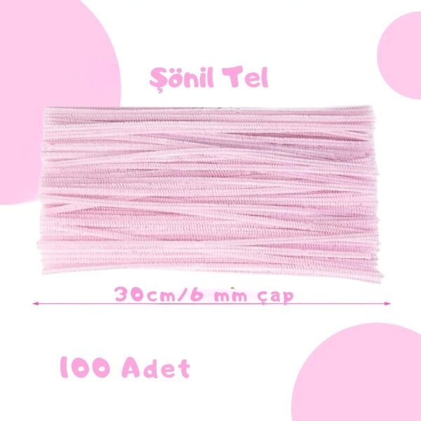 Şönil Tel, El İşi, DIY, Hobi ve Çiçek Yapım Teli, Pastel Pembe, 100 Adet, 6 mm - 30 Cm