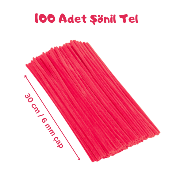 Şönil Tel, El İşi, DIY, Hobi ve Çiçek Yapım Teli, Fuşya, 100 Adet, 6 mm - 30 Cm