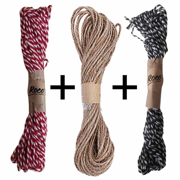 3lü Jute İp-Kırmızı Beyaz -Siyah Beyaz İp Seti, Hediye Paketleme, Yılbaşı Süsleme İpleri, 3x10 metre