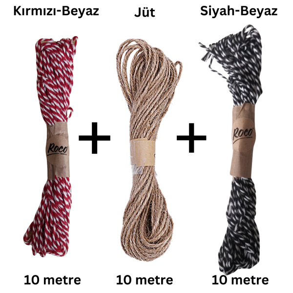 3lü Jute İp-Kırmızı Beyaz -Siyah Beyaz İp Seti, Hediye Paketleme, Yılbaşı Süsleme İpleri, 3x10 metre