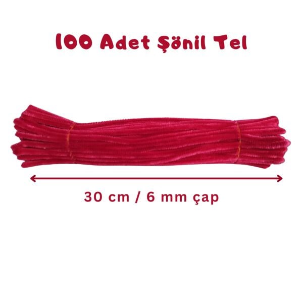 Şönil Tel, El İşi, DIY, Hobi ve Çiçek Yapım Teli, Vişne Çürüğü, 100 Adet, 6 mm - 30 Cm