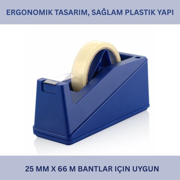 Ofis ve Ev İçin Bant Kesici - Ergonomik, Kaydırmaz Taban, 25mm x 66m Uyumlu Bant Makinesi, Mavi