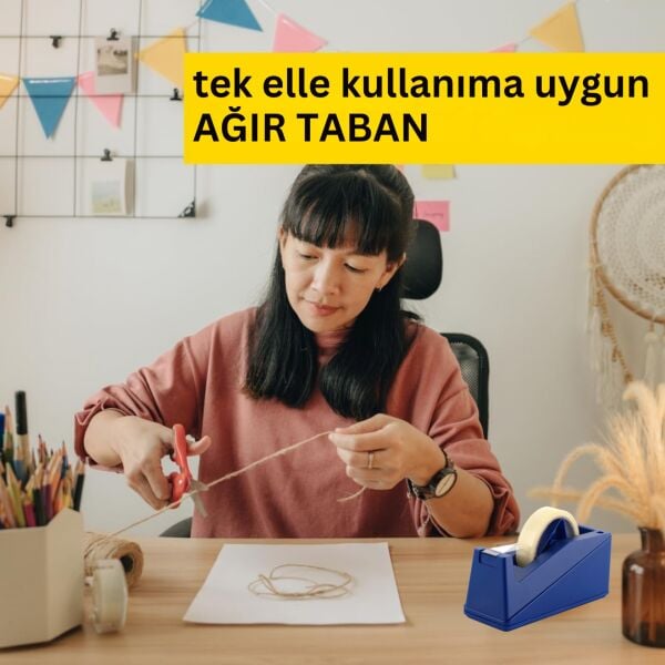 Ofis ve Ev İçin Bant Kesici - Ergonomik, Kaydırmaz Taban, 25mm x 66m Uyumlu Bant Makinesi, Mavi