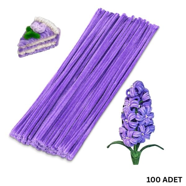 Şönil Tel, El İşi, DIY, Hobi ve Çiçek Yapım Teli, Lavanta, 100 Adet, 6 mm - 30 Cm