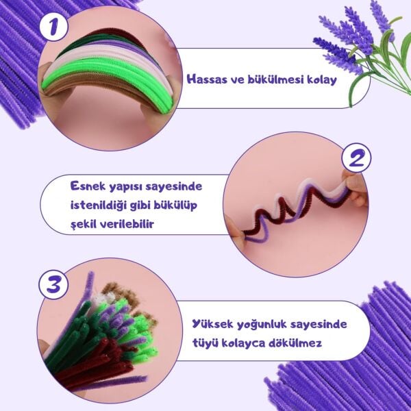 Şönil Tel, El İşi, DIY, Hobi ve Çiçek Yapım Teli, Lavanta, 100 Adet, 6 mm - 30 Cm