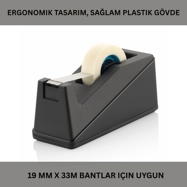 Ofis ve Ev İçin Bant Kesici - Ergonomik, Kaydırmaz Taban, 19mm x 33m Uyumlu Bant Makinesi, Siyah