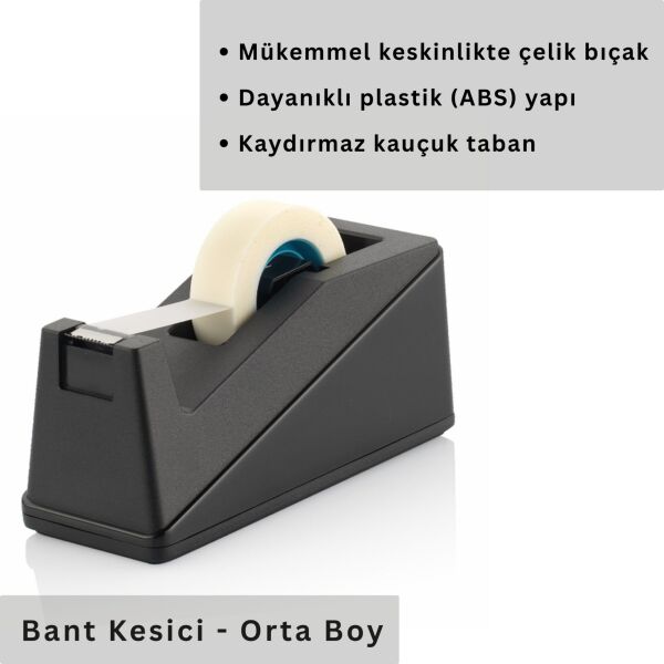 Ofis ve Ev İçin Bant Kesici - Ergonomik, Kaydırmaz Taban, 19mm x 33m Uyumlu Bant Makinesi, Siyah