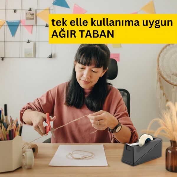 Ofis ve Ev İçin Bant Kesici - Ergonomik, Kaydırmaz Taban, 19mm x 33m Uyumlu Bant Makinesi, Siyah