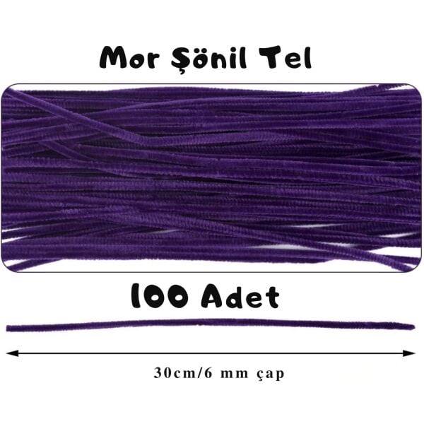 Şönil Tel, El İşi, DIY, Hobi ve Çiçek Yapım Teli, Mor, 100 Adet, 6 mm - 30 Cm