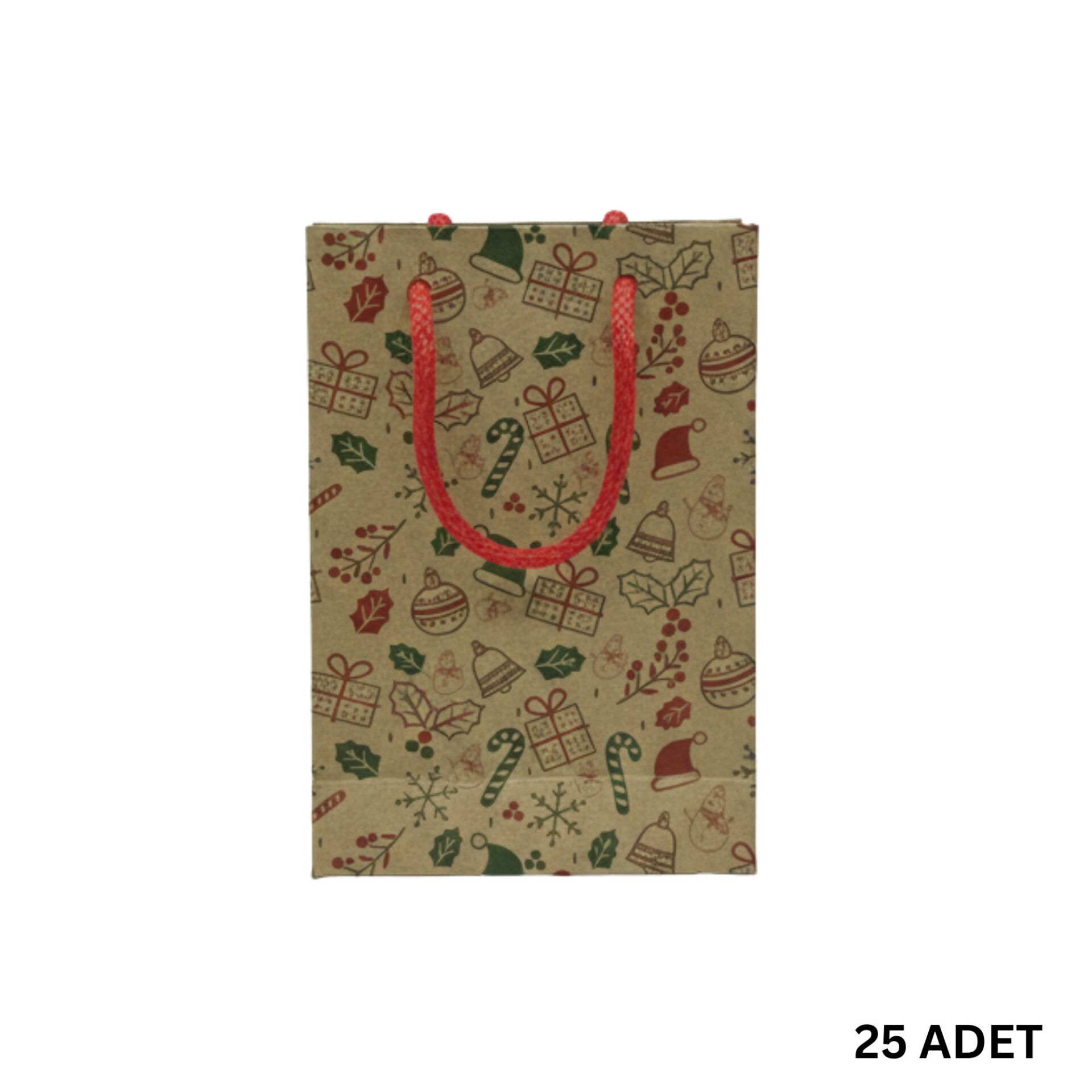 Yılbaşı Tasarımlı Kraft Karton Çanta Seti-25li, Kırmızı İpli Parti, Noel, Hediye Çantası, 12x17 Cm