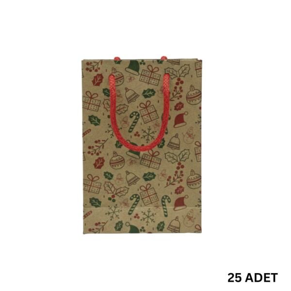 Yılbaşı Tasarımlı Kraft Karton Çanta Seti-25li, Kırmızı İpli Parti, Noel, Hediye Çantası, 12x17 Cm