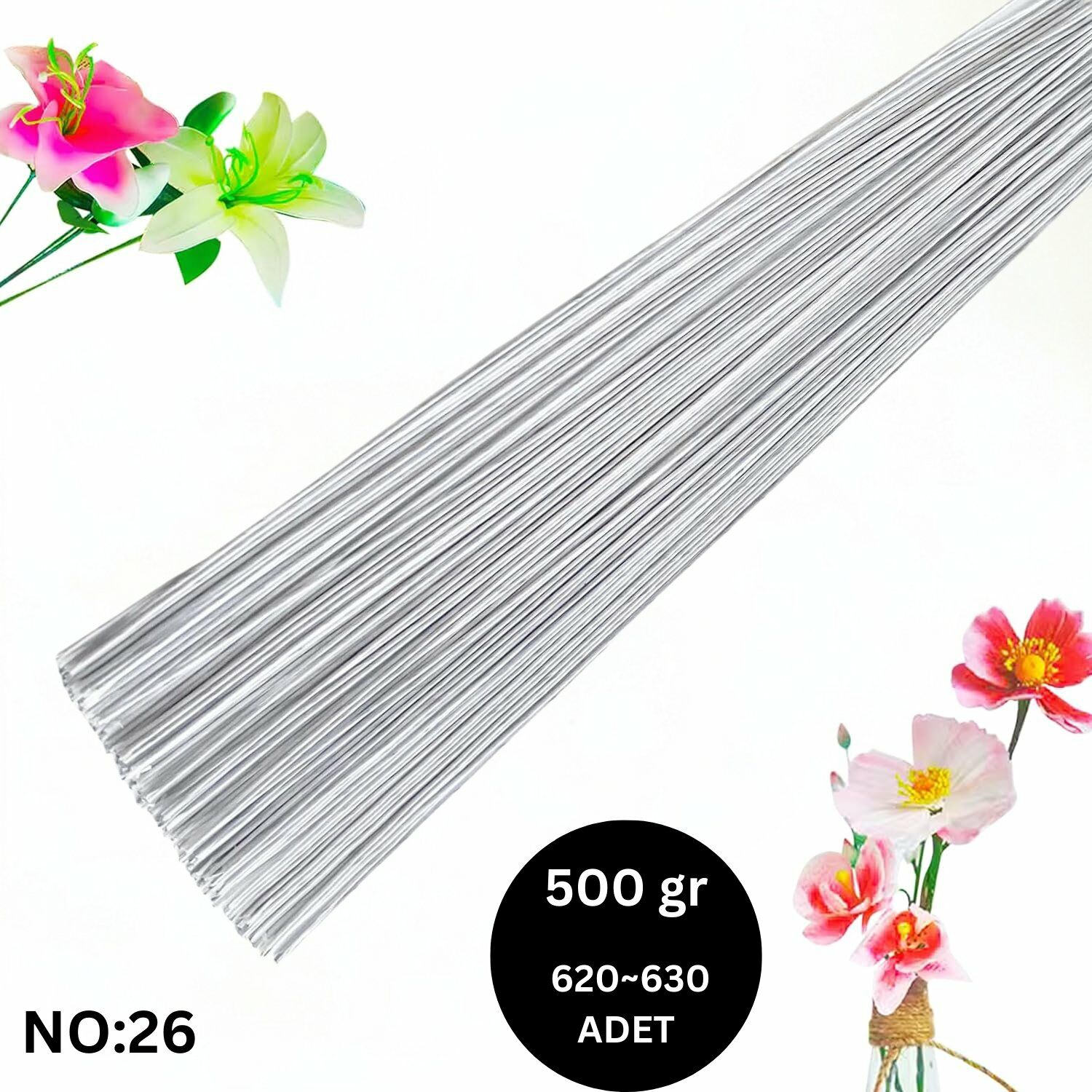 Beyaz Yapay Çiçek Teli, No:26 (0.8 Mm) - Çiçek Aranjman Yapım Teli, 500 gr (620-630 Adet), 60 Cm
