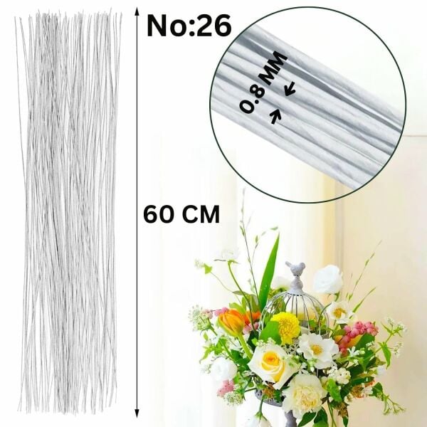 Beyaz Yapay Çiçek Teli, No:26 (0.8 Mm) - Çiçek Aranjman Yapım Teli, 500 gr (620-630 Adet), 60 Cm