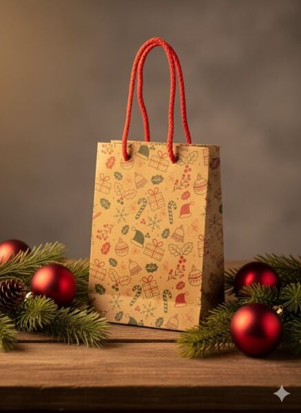 Yılbaşı Desenli Kraft Karton Çanta Seti-12li, Parti, Noel, Hediye Çantası, Kırmızı İpli, 12x17 Cm