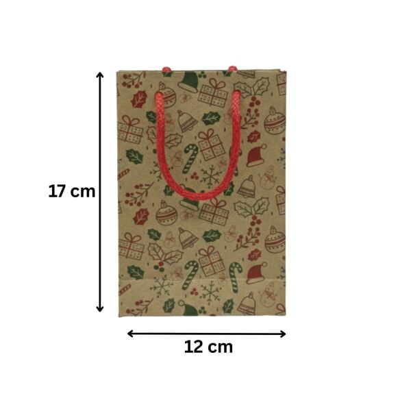 Yılbaşı Desenli Kraft Karton Çanta Seti-12li, Parti, Noel, Hediye Çantası, Kırmızı İpli, 12x17 Cm
