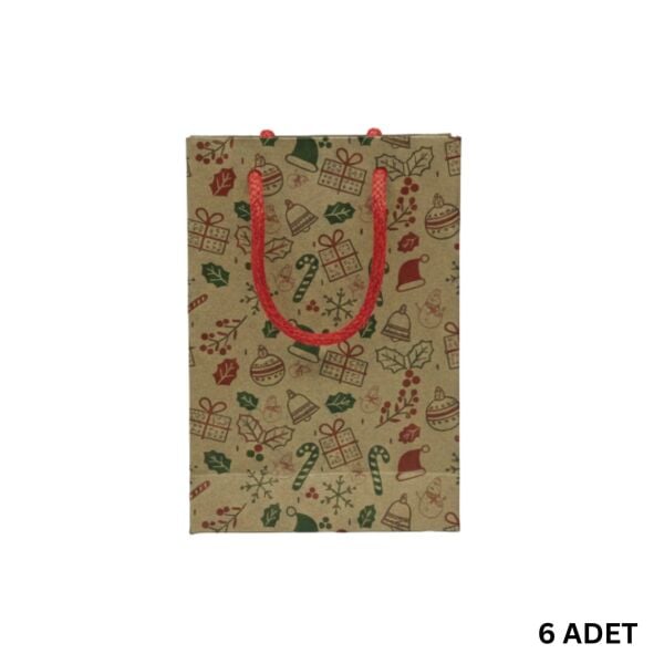 Yılbaşı Desenli Kraft Karton Çanta Seti - 6lı, Kırmızı Saplı Parti, Noel, Hediye Çantası, 12x17 Cm