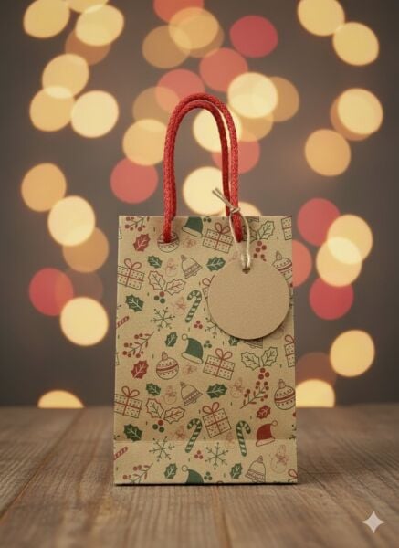 Yılbaşı Desenli Kraft Karton Çanta Seti - 6lı, Kırmızı Saplı Parti, Noel, Hediye Çantası, 12x17 Cm