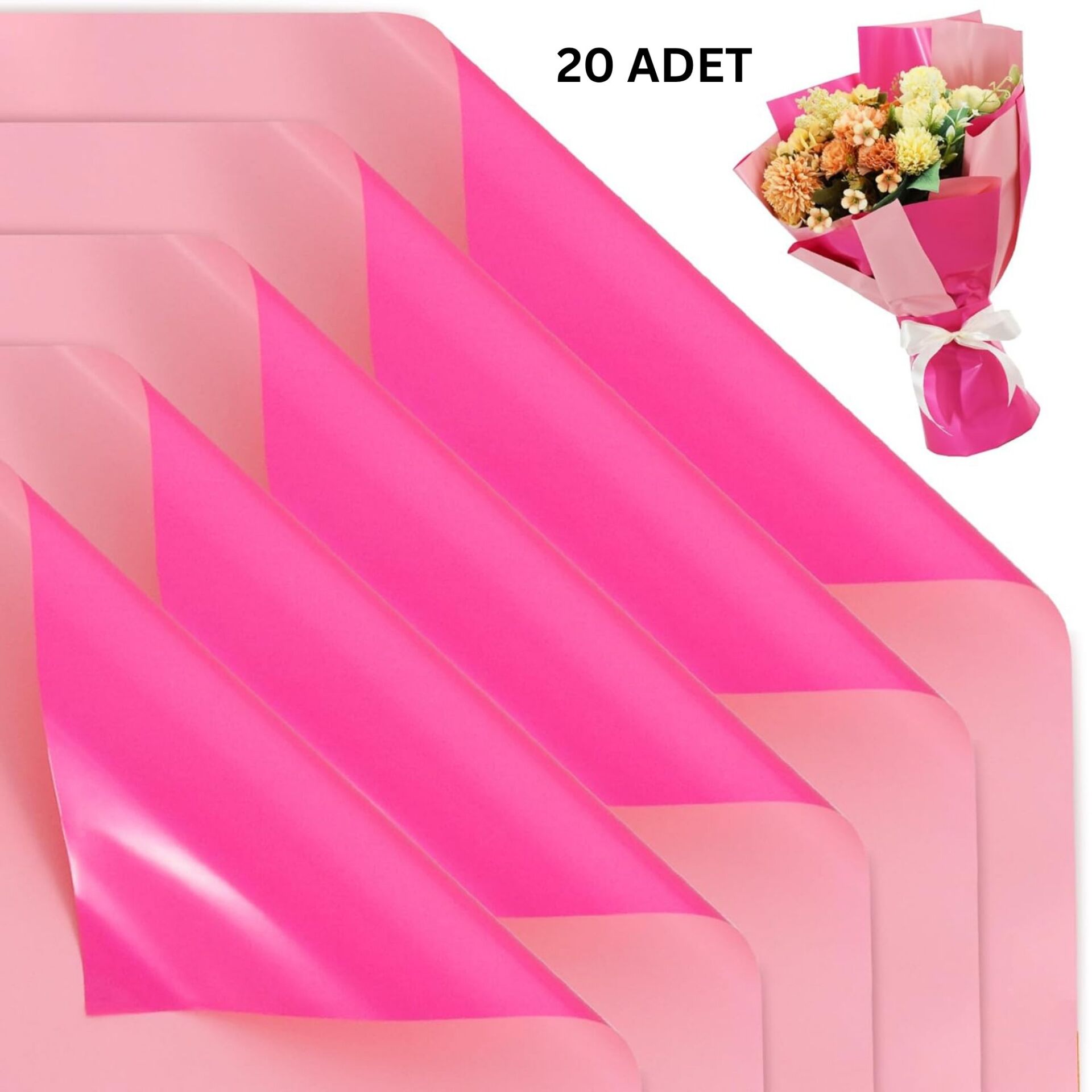 Çiçek Ambalaj Kağıdı 20li, Çift Yüzlü Mat Şeffaf Buket Sargı Kağıdı, Açık & Koyu Pembe, 58x58 Cm