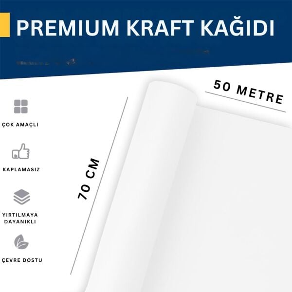 Beyaz Kraft Ambalaj ve Hediye Paketleme Kağıdı, Çift Taraflı Kağıt Rulo, 80 gr - 70 Cm x 50 Metre