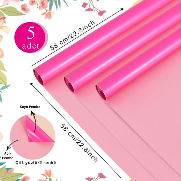 Çiçek Ambalaj Kağıdı 5li, Çift Yüzlü Mat Şeffaf Buket Sargı Kağıdı, Açık & Koyu Pembe, 58x58 Cm