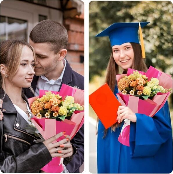 Çiçek Ambalaj Kağıdı 5li, Çift Yüzlü Mat Şeffaf Buket Sargı Kağıdı, Açık & Koyu Pembe, 58x58 Cm