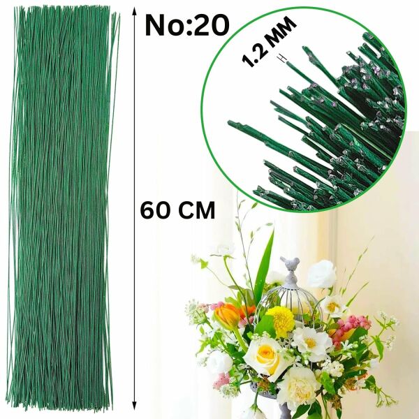 Yeşil Yapay Çiçek Teli, No:20 (1.2 Mm) - Çiçek Aranjman Yapım Teli, 500 gr (150-160 Adet), 60 Cm