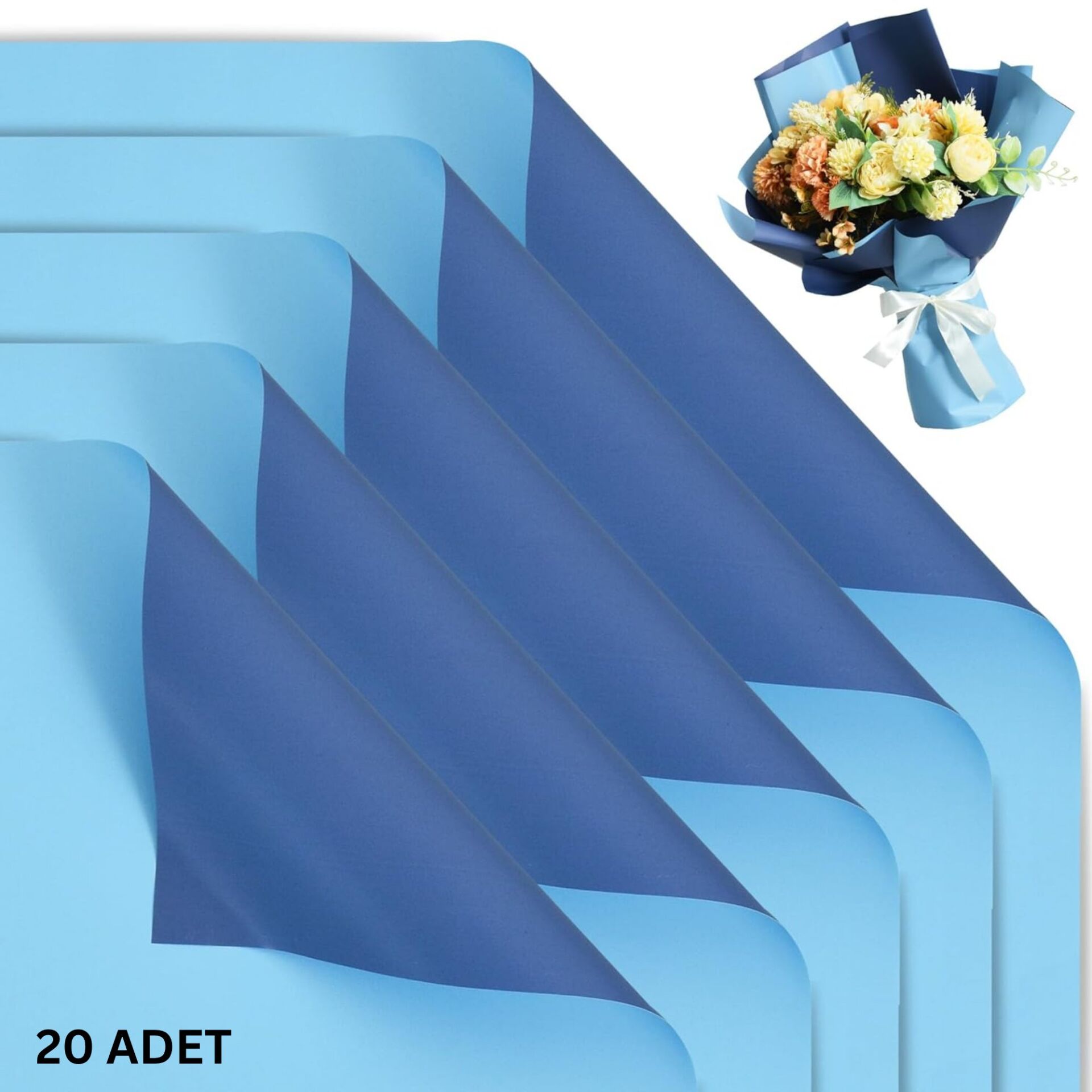 Çiçek Ambalaj Kağıdı 20li, Çift Yüzlü Mat Şeffaf Buket Sargı Kağıdı, Açık & Koyu Mavi, 58x58 Cm