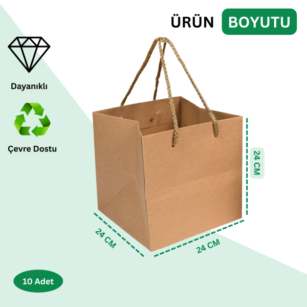 Kraft Karton Pasta Çanta, Kare Taban, Körüklü, İpli Hediye Taşıma Çantası, 24x24x24 Cm,