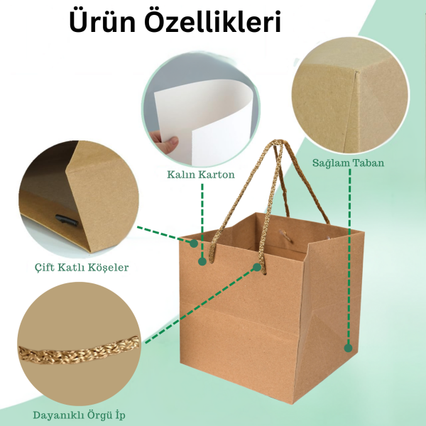 Kraft Karton Pasta Çanta, Kare Taban, Körüklü, İpli Hediye Taşıma Çantası, 24x24x24 Cm, 10lu Paket